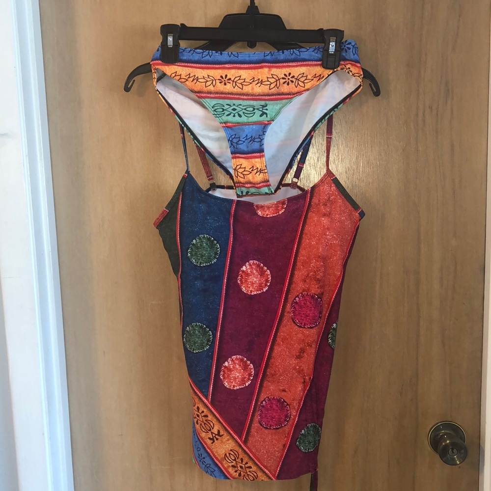 Orange and Blue Bikini with Ethnic-Inspired Pattern